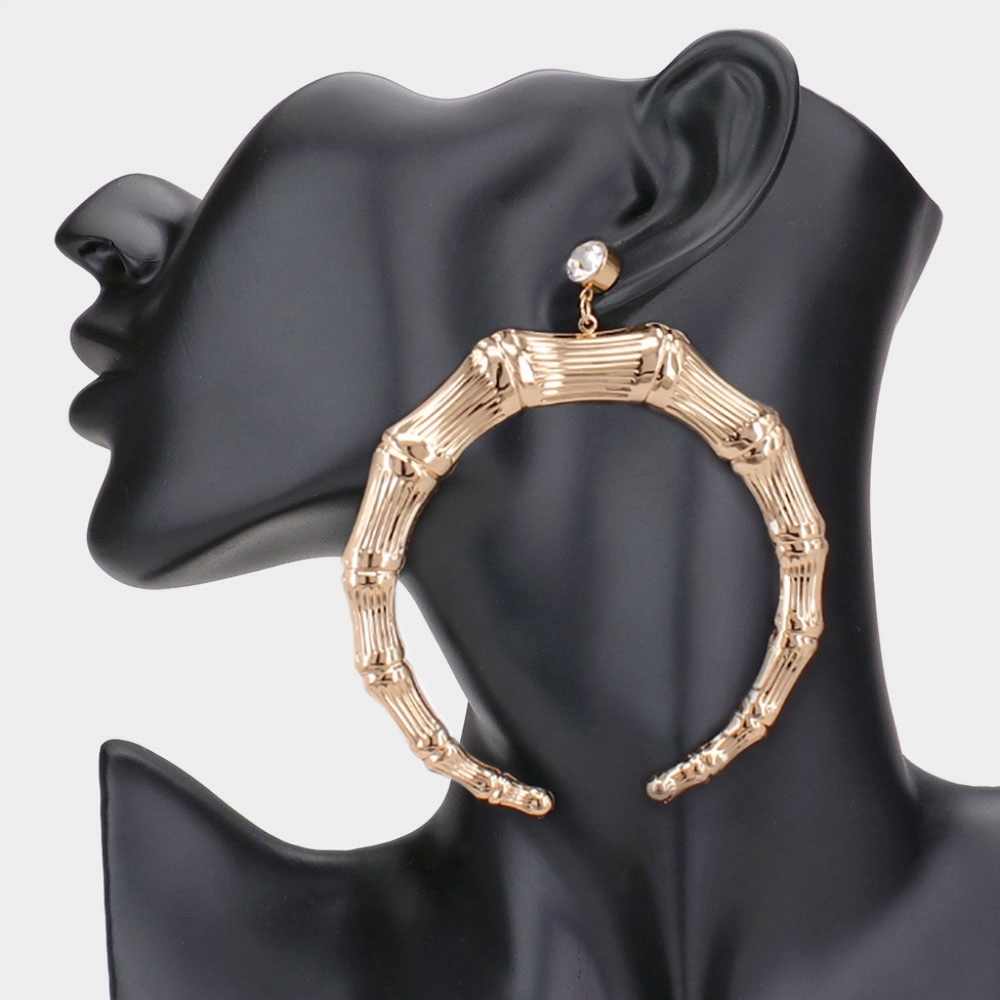Gold Dangle Round Horn Bamboo Doorknocker Hoop Earrings Trendy Fashion Accessory